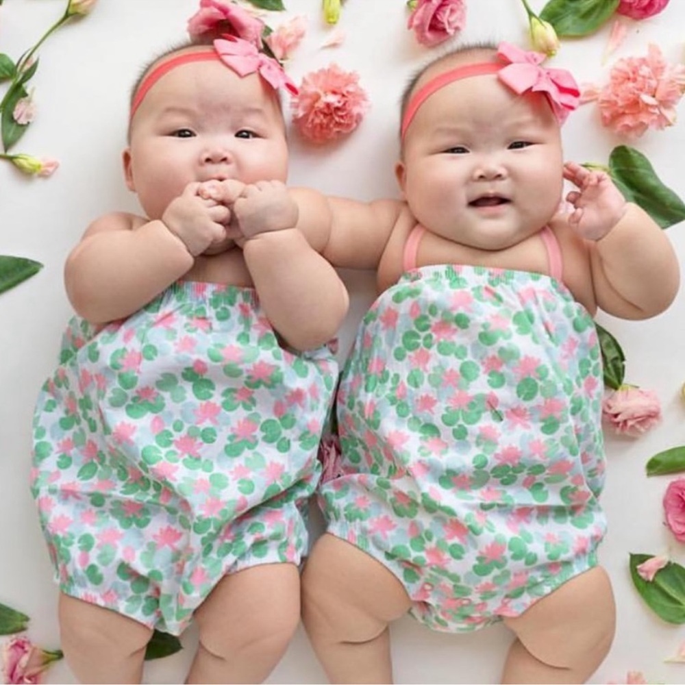Sapling / floating lotus bubble romper / pink green floral 100% organic cotton